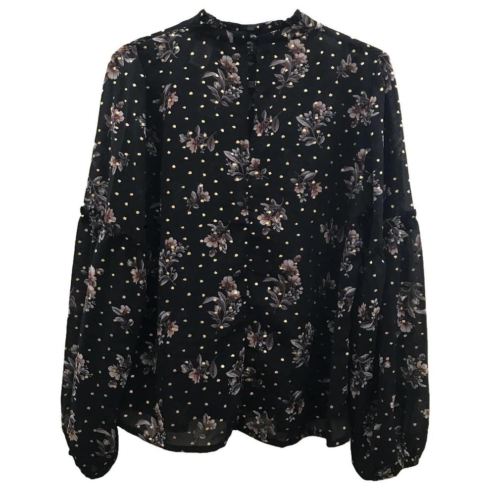 Urban Romantics Sheer Black Blouse with Flowers and Gold Polka-Dots